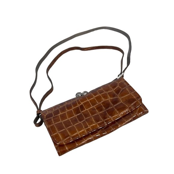 Brighton Vintage Croc Purse Shoulder Bag Brown Snap Flap Front Wallet Crossbody - Picture 2 of 8
